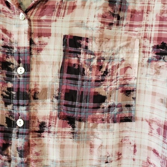 Dear John Arianna Plaid Tie Dye Button Down Roll Tab Sleeves Lightweight Blouse - Picture 6 of 13